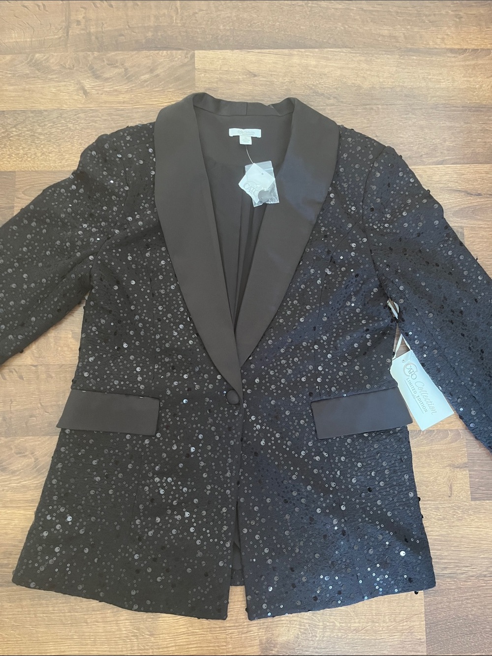 Black Sequin Blazer Jacket Satin Collar Classic Evening Jacket Party Wear NWT Sm